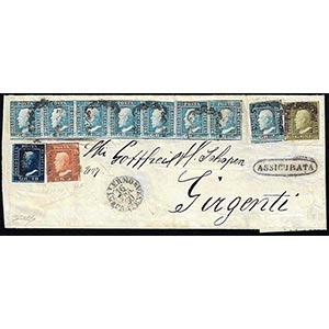 1860 - 2 grana azzurro, III tavola, striscia ... 