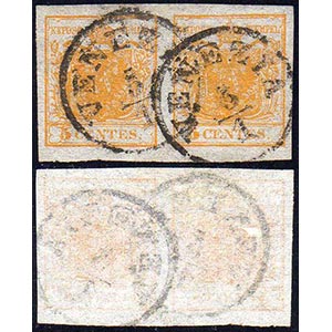 1850 - 5 cent. giallo ocra, coppia ... 