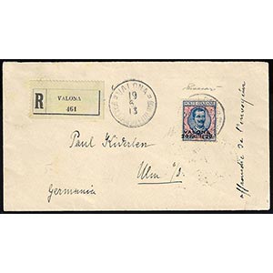 VALONA 1913 - 20 piastre su 5 lire azzurro e ... 