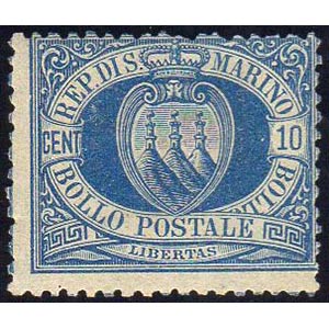 1888 - 10 cent. azzurro Stemma (3A), gomma ... 
