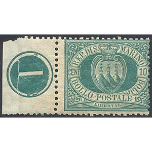 1892 - 10 cent. verde Stemma (14), NUMERO DI ... 
