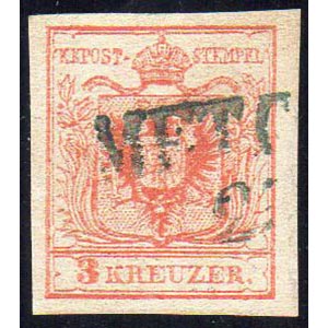AUSTRIA 1850 - 3 k. rosso, carta a macchina ... 