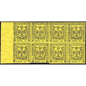 1852 - 15 cent. giallo (3), blocco di otto ... 