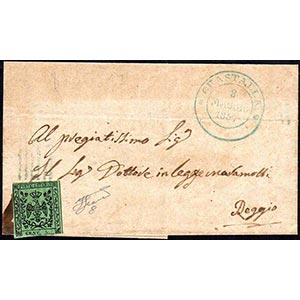 1857 - 5 cent. verde oliva (8), perfetto, su ... 