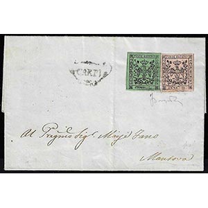 1857 - 5 cent. verde oliva, 10 cent. rosa, ... 