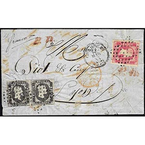 1853 - 5 cent. nero, coppia, 40 cent. rosa ... 