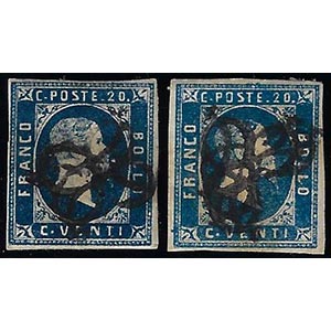 1851 - 20 cent. azzurro, due esemplari, uno ... 