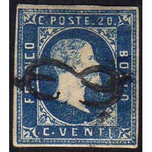 1851 - 20 cent. azzurro, I tiratura (2a), ... 