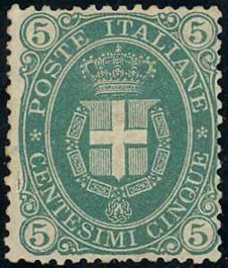 1889 - 5 cent. verde azzurro Stemma, fondo ... 