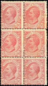 1906 - 10 cent. Leoni, blocco di sei, cinque ... 