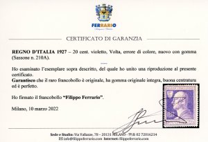 1927 - 20 cent. Volta violetto, ... 