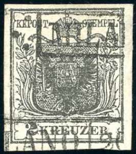 1850 - 2 kr. nero, carta a mano (1), ... 