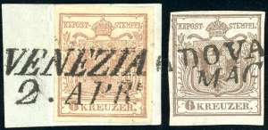 1850 - 6 kr. bruno, carta a mano (3), due ... 
