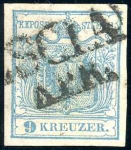 1850 - 9 kr. azzurro, carta a mano (5), ... 