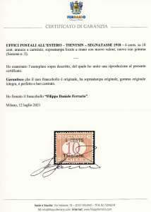 TIENTSIN SEGNATASSE 1918 - 4 cent. ... 