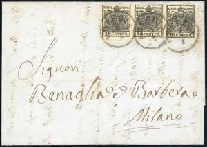 1856 - 10 cent. nero intenso (2d), striscia ... 