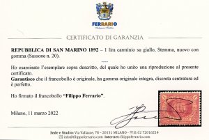 1892 - 1 lira carminio su giallo ... 