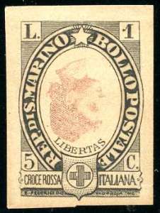 1923 - 1 lira + 5 cent. Croce Rossa, prova ... 