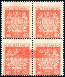 1945 - 40 cent. Stemmi, blocco di quattro, i ... 