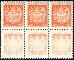 1945 - 40 cent. Stemmi, blocco di sei, i tre ... 