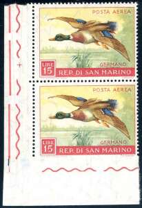 1959 - 15 lire Uccelli, non dentellato in ... 