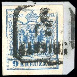 AUSTRIA 1854 - 9 k. azzurro, carta a ... 