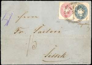 AUSTRIA 1865 - 10 kr. azzurro, ritaglio di ... 