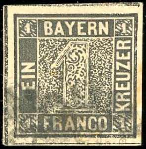 GERMANIA BAVIERA 1849 - 1 k. grigio nero ... 