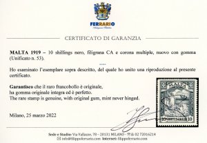 MALTA 1914 - 10 s. nero, filigrana ... 