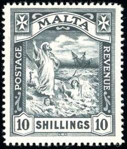 MALTA 1914 - 10 s. nero, filigrana CA e ... 