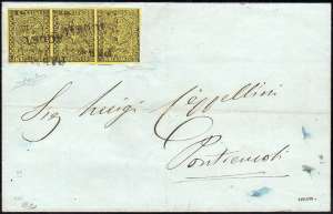 1853 - 5 cent. giallo arancio (1), striscia ... 