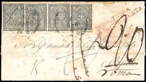 1856 - 10 cent. bianco, striscia di tre e ... 