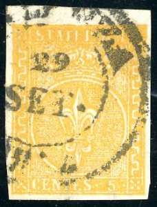 1853 - 5 cent. giallo arancio (6), bordo di ... 