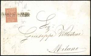 1856 - 25 cent. bruno rosso (8), bordo di ... 