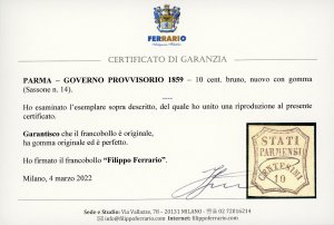 1859 - 10 cent. bruno (14), gomma ... 