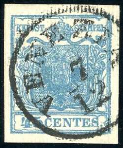 1851 - 45 cent. azzurro, carta a coste ... 