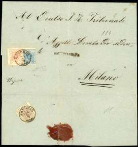 1854 - 15 cent. vermiglio, 45 cent. azzurro ... 