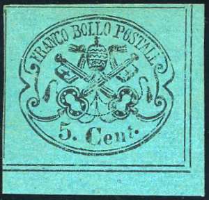 1867 - 5 cent. azzurro verdastro, angolo di ... 