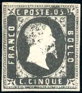 1851 - 5 cent. nero (1), gomma originale ... 