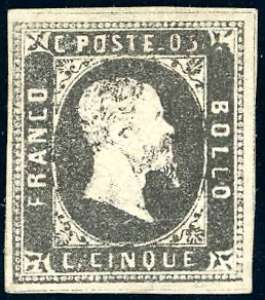 1851 - 5 cent. nero (1), ben marginato e ... 