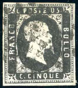 1851 - 5 cent. nero (1), usato, perfetto, ... 