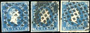1852 - 20 cent. azzurro (2), tre esemplari, ... 