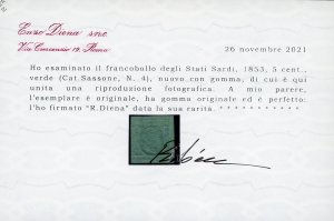 1853 - 5 cent. verde (4), nuovo, ... 