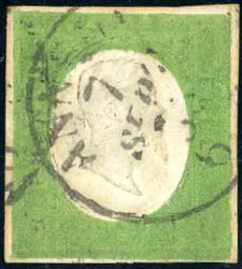 1854 - 5 cent. verde giallo (7), usato, ... 