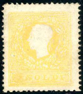 1858 - 2 soldi giallo, I tipo, macchia di ... 