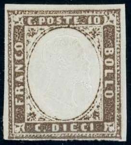 1858 - 10 cent. terra dombra (14), gomma ... 