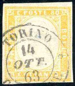 1861 - 80 cent. giallo (17Da), perfetto, ... 