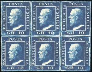 1859 - 10 grana azzurro cupo (12), blocco di ... 