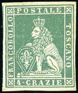 1851 - 4 crazie verde su grigio (6), gomma ... 