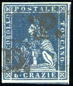 1851 - 6 crazie azzurro scuro su azzurro ... 